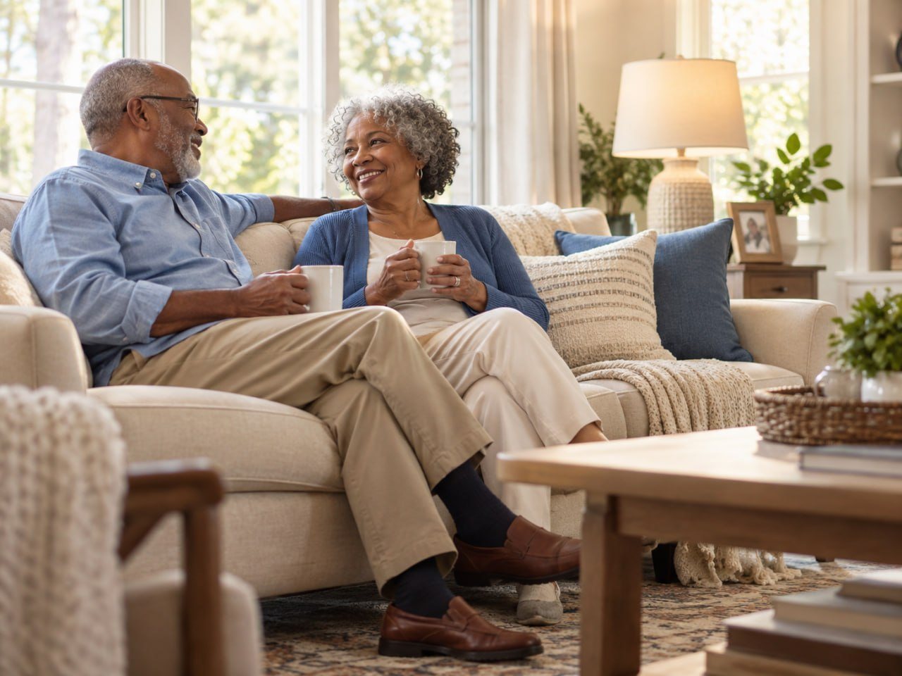 A senior couple talking over coffee in their sunlit living room